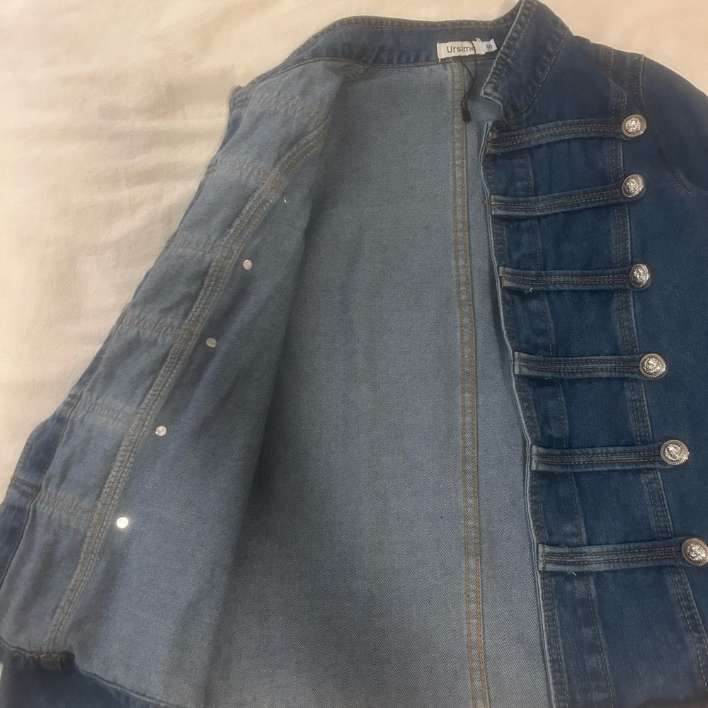Military Style Denim Jacket with Silver Buttons - Picture 3 of 6